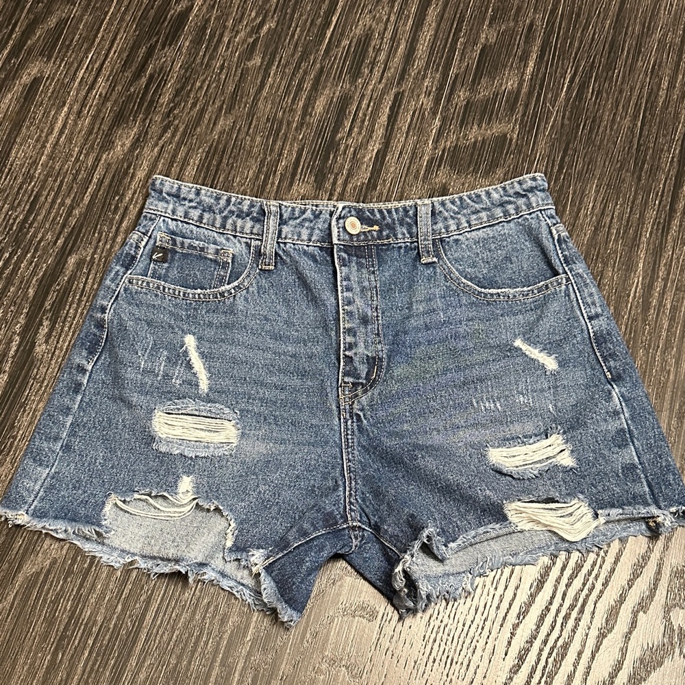 KanCan Dark Blue Distressed Raw Hem Jean Shorts, Size 28